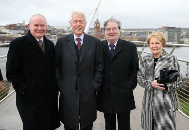 Martin McGuinness ,  John and Pat Hume and President Bill Clinton in Derry in 2014.
