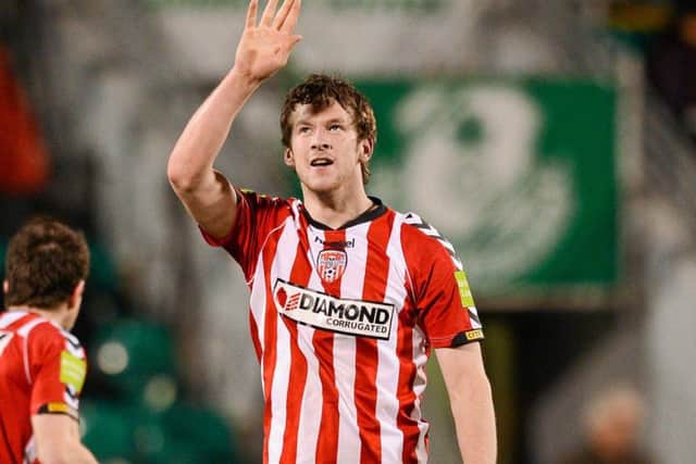 The late Ryan McBride celebrates after scoring his side's third goal in the Setanta Sports Cup semi-final, first-leg win over Shamrock Rovers at Tallaght Stadium.