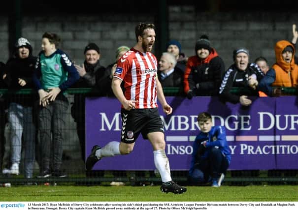 Derry City's Ryan McBride celebrates after scoring his side's third goal against Dundalk.