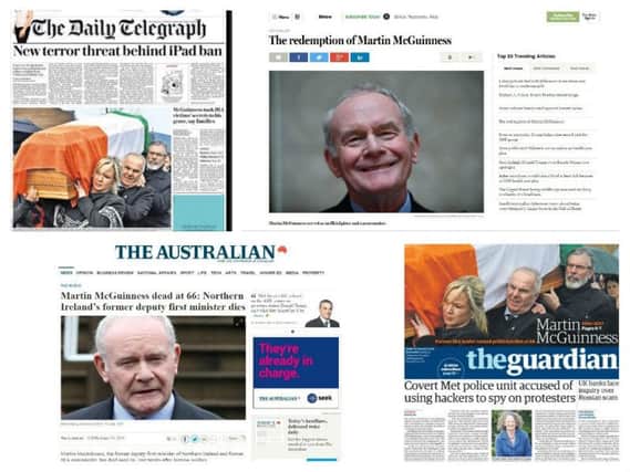 Clockwise, from top left, The Daily Telegraph (UK); The Boston Globe (USA); The Guardian (UK) and The Australian (Australia)