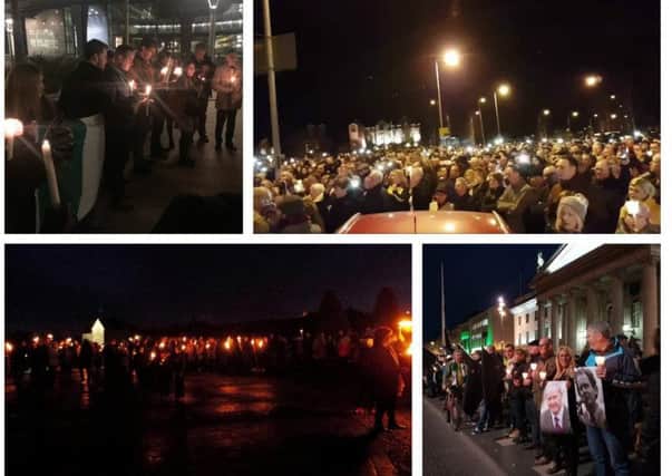 Clockwise, from top left, candlight vigils in honour of Martin McGuinness in Brussels, West Belfast, Dublin GPO and Carrickmore, Co. Tyrone.