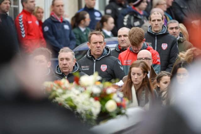 Derry City manager Kenny Shiels in attendance at the funeral of Ryan McBride, the late Derry City captain who passed away suddenly at the age of 27, at St Columba's Church in Derry.