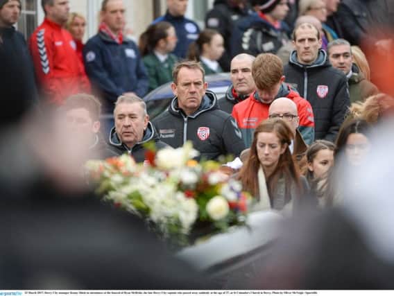 Derry City manager Kenny Shiels in attendance at the funeral of Ryan McBride, the late Derry City captain who passed away suddenly at the age of 27, at St Columba's Church in Derry.