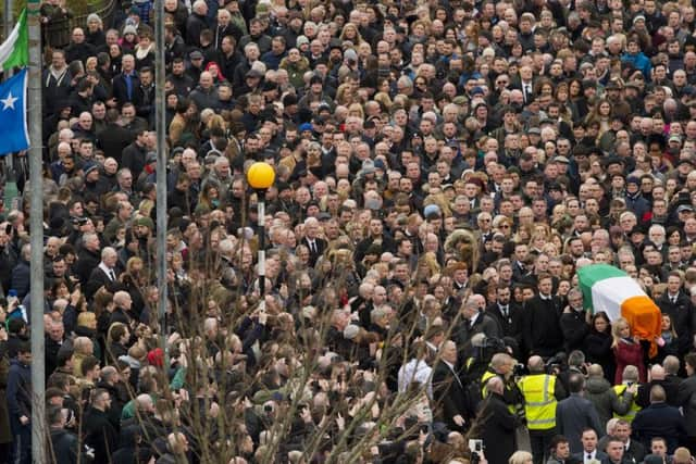 PACEMAKER BELFAST  23/03/2017
The Funeral of former Sinn Fein leader and deputy First Minister Martin McGuinness in the Bogside in Derry this afternoon.
Mr McGuinness dies earlier this week after a short illness. Pictured are Sinn Fein President Gerry Adams,Mary Lou McDonald and Michelle O'Neill.
At his funeral today.Photo Mark Marlow/Pacemaker Press