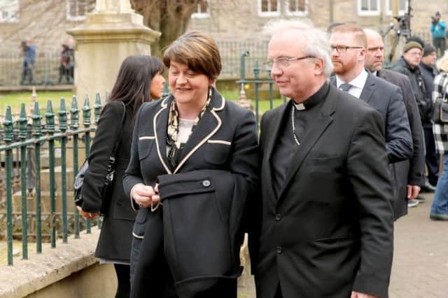 Arlene Foster and Bishop Donal McKeown arriving for the funeral of Northern Ireland's former deputy first minister Martin McGuinness, at St Columba's Church Long Tower (Niall Carson/PA Wire)