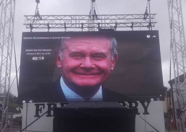 The screen featuring the late Deputy First Minister Martin McGuinness and a countdown to the lived feed of the Funeral Service yesterday.