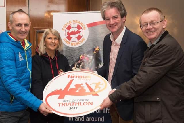 Announcing Foyle Search and Rescue as the official charity partner for the firmus energy Derry City Triathlon are Paul McGilloway from the NWTC; Olive McEleney, Foyle Search and Rescue; Michael Scott, Managing Director of firmus energy and Eric McGinley from Derry City Council.