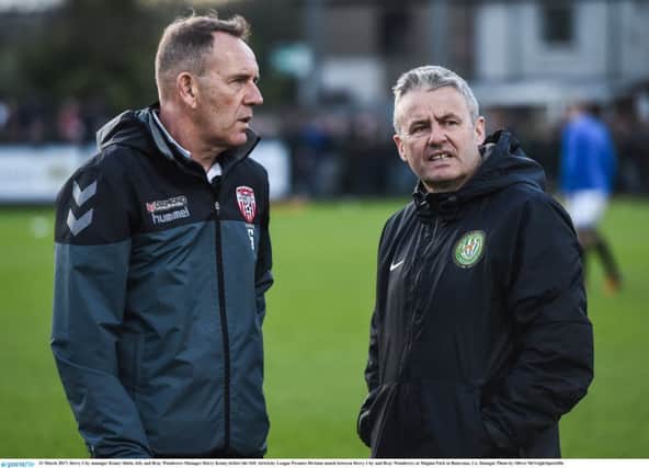 Derry City manager Kenny Shiels, left, and Bray Wanderers Manager Harry Kenny before kick-off.