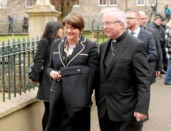 Arlene Foster and Bishop Donal McKeown arriving for the funeral of  Martin McGuinness.