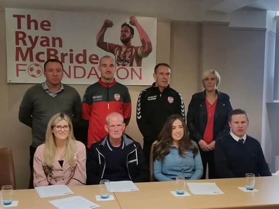 Pictured at the launch of the Ryan McBride Foundation front row left to right: Caitlin McBride, Lexie McBride (Chairperson), Mairead McKenna and Gareth McCay. Back row left to right: Liam Coyle, Gerard Doherty, Kenny Shiels and Karen Payne.