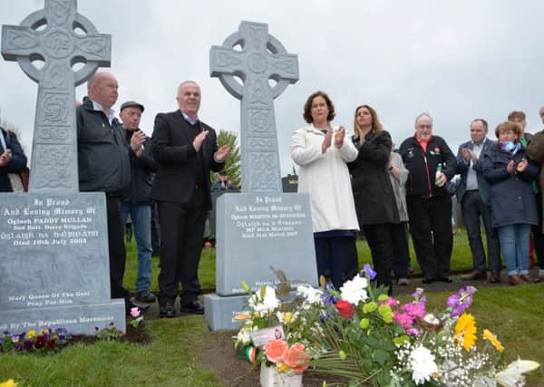 Raymond McCartney, MLA, Elisha McCallion MLA and Deputy Leader Mary-Lou McDonald pictured at the unveiling of Martin McGuinness' gravestone on Sunday. (Photo: Charlie McMenamin)