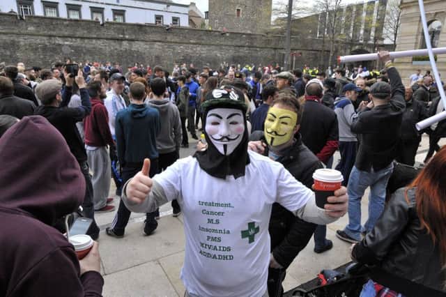 There was a large turnout for the LegenDerry Cannabis Club 4/20 cannabis smoke out protest, in Guildhall Square, in a show of solidarity with cannabis consumers worldwide. DER1617GS014