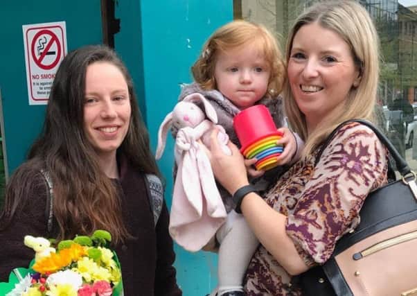Little two year-old Aoife is re-united with her favourite toy, 'Bunny'. Included is mum Jaclyn (right) and Karen Conlon who found the toy in William Street last week.