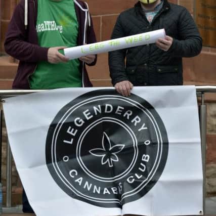 Demonstrators at the LegenDerry Cannabis Club 4/20 cannabis smoke out protest, in Guildhall Square. DER1617GS010