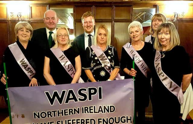 Foyle MP Mark Durkan joining Northern Ireland campaigners at the WASPI meeting in the Fir Trees Hotel, Strabane. Also pictured is SDLP West Tyrone MLA Daniel McCrossan.