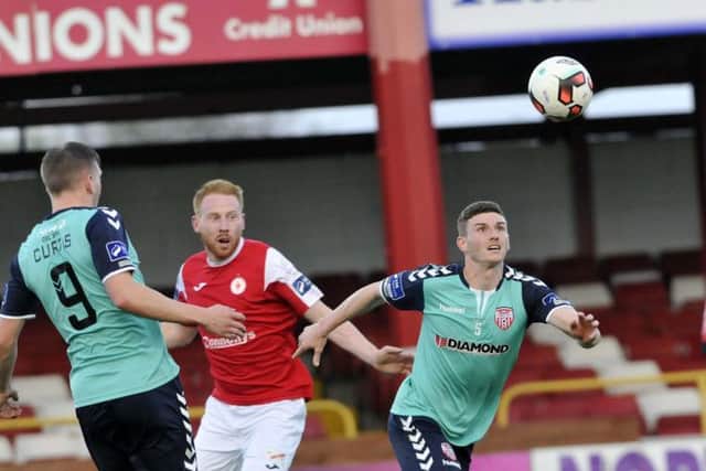 The impressive Harry Monaghan wins the chase for this high ball during the 1-1 draw with Sligo Rovers.