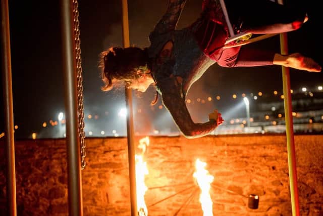 One of the aerial perfomers during the Awakening of The Walls in Derry at the 2016 Halloween festival. Picture Martin McKeown. Inpresspics.com. 28.10.16