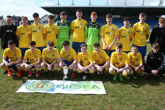 St Columb's College celebrate a 3-1 victory against St Patrick's College during the NISFA U16 Cup at the NISFA Finals Day at Ballymena Showgrounds. (
Picture by Brian Little/PressEye)