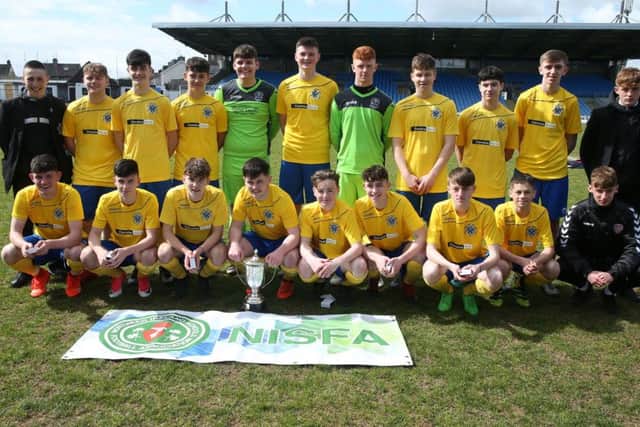 St Columb's College celebrate a 3-1 victory against St Patrick's College  during the  NISFA U16 Cup at the NISFA Finals Day at Ballymena Showgrounds. (
Picture by Brian Little/PressEye)