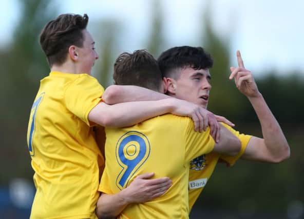 St Columb's College Aaron McEneff celebrates scoring against St Patrick's (Belfast) during the NISFA Finals Day at Ballymena Showgrounds
Picture by Brian Little/PressEye