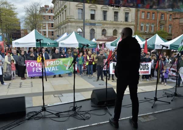 Eamon McCann addresses the May Day rally in Guildhall Square on Saturday last. DER1717GS006