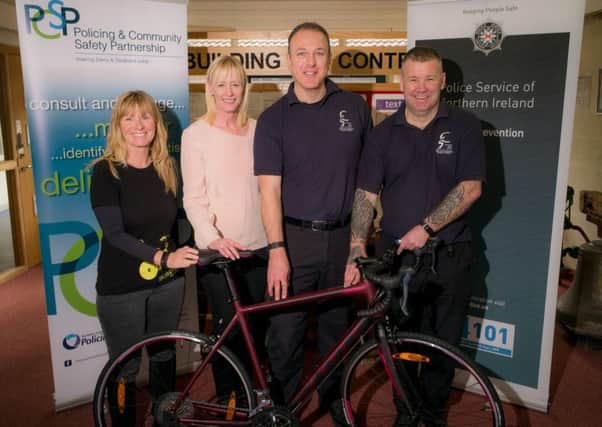 Michele Murphy (Workplace active travel officer, Sustrans), Vanessa Russell (PCSP officer), Matt Plummer, and Gary Dunn (Community Safety Wardens with Derry City and Strabane District Council) Photo by Ray McCarron.