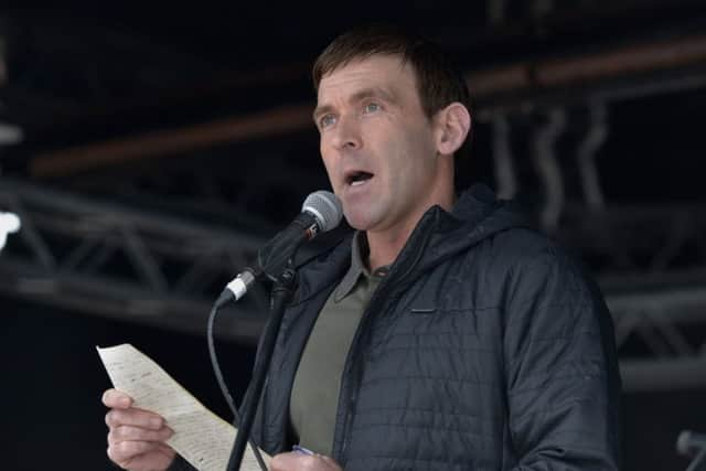 UNISON's Niall O'Carroll addresses the May Day rally in Guildhall Square on Saturday last. DER1717GS009