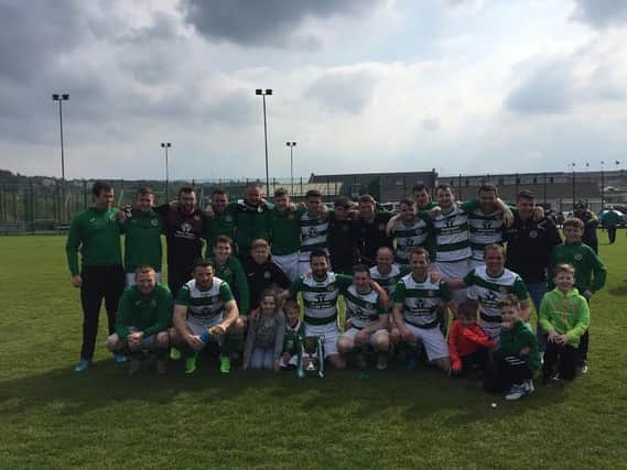 Cockhill Celtic celebrate their Ulster Senior League Cup final victory over Derry City Reserves.