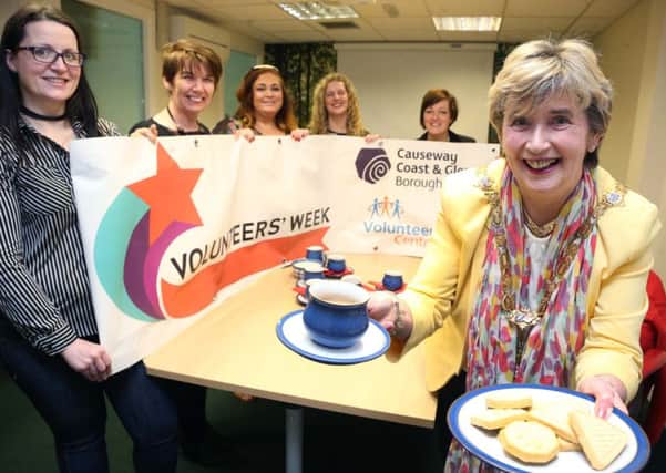 Mayor of Causeway Coast and Glens Borough Council, Alderman Maura Hickey, helps to launch the Volunteers Week Vintage Tea Parties with Ruth McNeill from Causeway Volunteer Centre, Mary McNickle from Causeway Volunteer Centre, Ashleen Schenning from Limavady Volunteer Centre and Catherine Farrimond from Causeway Coast and Glens Borough Council.