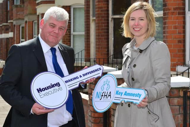 The Housing Executives Director of Housing Services Colm McQuillan and Jennie Donald, Deputy Chief Executive of Northern Ireland Federation of Housing Associations launch a month long key amnesty for social housing tenants, who are being offered a one-off opportunity to hand in their keys if they are committing tenancy fraud.