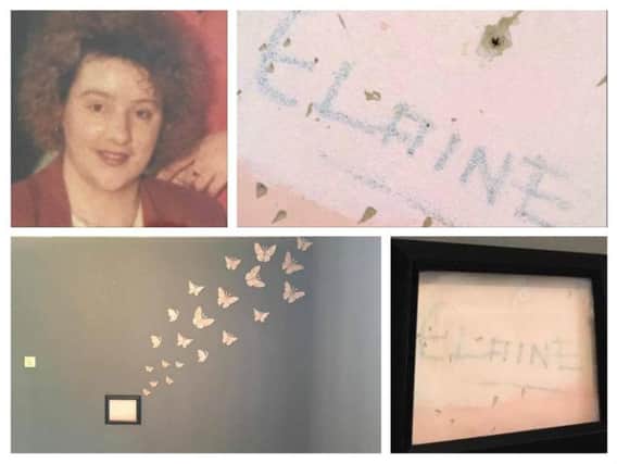 Top left, clockwise, Elaine Ryan; the etching of her name on her old bedroom wall in William Street; the permanent feature, created by younger brother Terry Ryan in Elaine's old room.