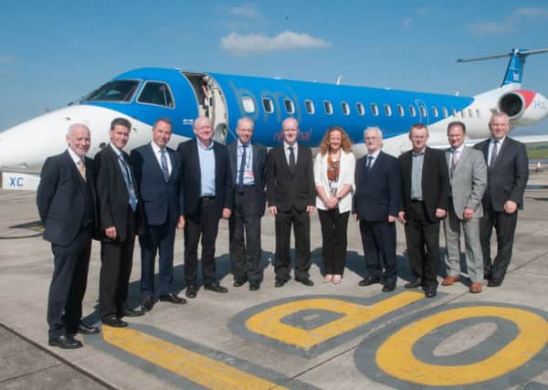 Members of the board of City of Derry Airport pictured after the arrival of the BMI Regional Flight from London Stanstead to City of Derry. Picture Martin McKeown. Inpresspics.com 02.05.17