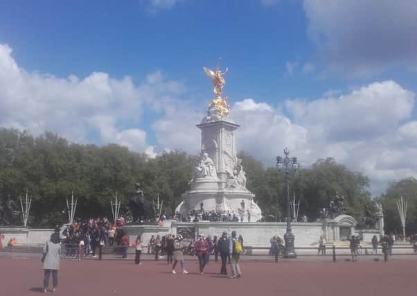 Ornate fountain outside Buckingham Palace.