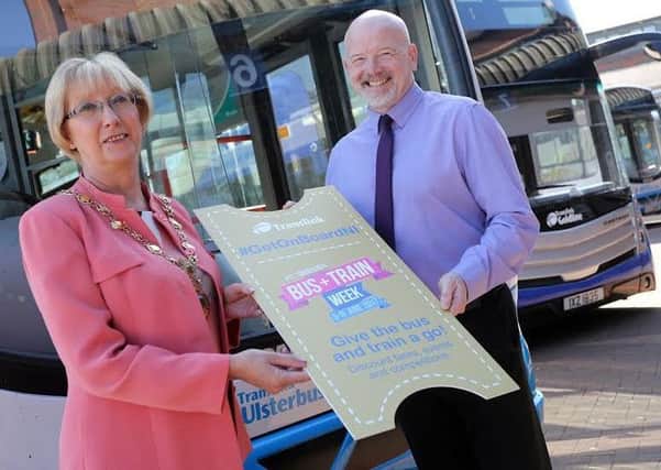 The Mayor of Derry City and Strabane District Council, Alderman Hilary McClintock pictured with Alan Young, Service Delivery Manager with Translink, to promote Bus and Train Week that is taking place across Northern Ireland on 05-11 June to encourage more people to use public transport and sustainable ways to travel.