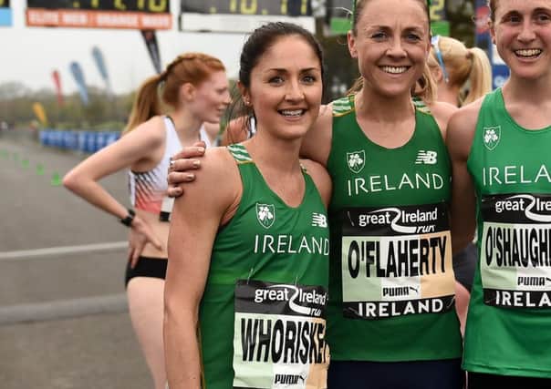 Catherine Whoriskey (left), pictured representing Ireland in the Great Ireland Run at Phoenix Park last month, warmed up for the upcoming SSE Airtricity Walled City Marathon with victory in the Strabane Lifford Half Marathon.