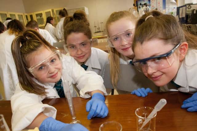 Thornhill College pupils Renee Fisicaro, Erin McBride, Orla McCorriston and Carragh Doherty take part in the Salters Festival at North West Regional College.
