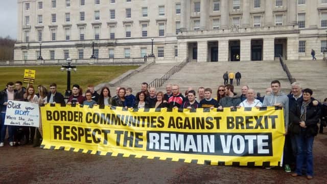 Local representatives from Border Communities Against Brexit gathered at a previous rally at Stormont.