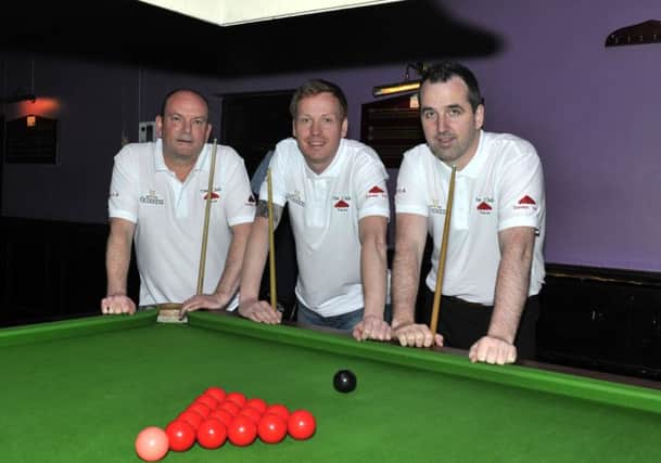 Traceys Bar, who completed back-to-back victories in the North-West Premier Snooker KO Cup courtesy of a 4-2 win over Glendermott CC in the 2017 final at Shantallow House. From left Paul Keenan, Shea Norris and Anthony McGill DER2017GS018
