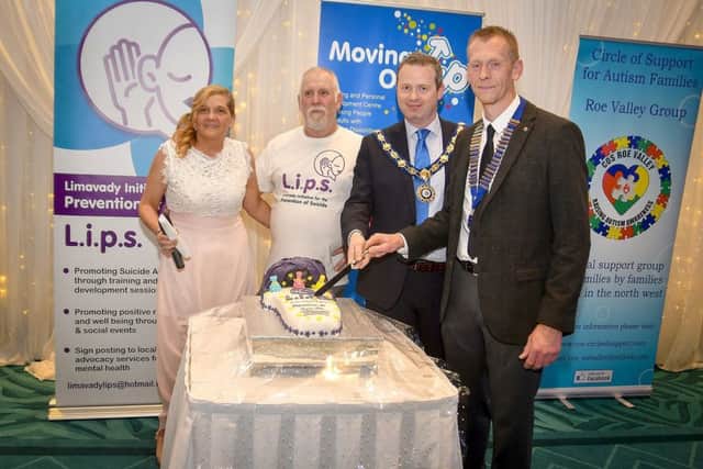 Angela McDonald, Moving On Up; Willie Mulhern Chairperson LIPS; Causeway Coast & Glens Deputy Mayor James McCorkell and 
President Of Limavady Lions Club Ryan George.