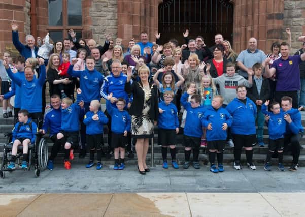 The Mayor Alderman Hilary McClintock pictured with the players, coaches, parents and friends of the Oxford Bulls Football team during a reception at the Guildhall. Picture Martin McKeown. Inpresspics.com. 22.05.17