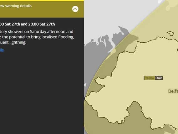 The weather warning is valid from 1p.m. through to 11p.m. on Saturday. (Image: Met Office)