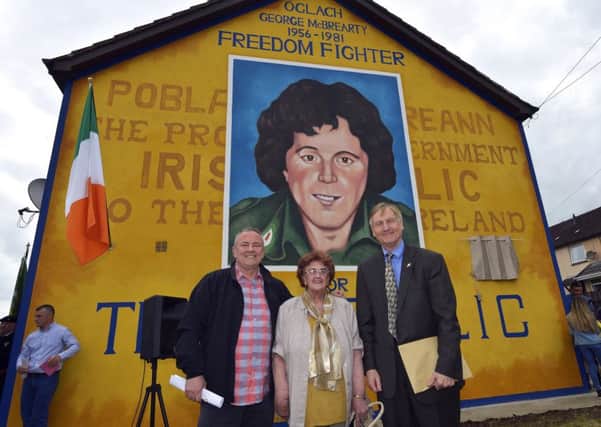 Mrs Bridie McBrearty pictured with Monaghan republican John Crawley and former NORAID director Martin Galvin at the recent unveiling of a mural in Rathkeele Way in memory of her son and IRA Volunteer George who was shot dead by members of the SAS while on active service in 1981. DER2217GS003