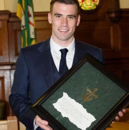 Seamus Coleman who was awarded the Freedom of the County by Donegal County Council at a Civic Reception hosted by Cathaoirleach Cllr. Terence Slowey at the County House in Lifford  Photo Clive Wasson
