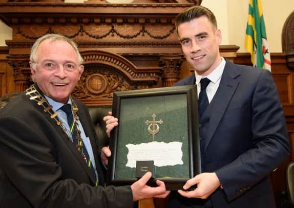 Seamus Coleman was awarded the Freedom of the County by Donegal County Council at a Civic Reception hosted by Cathaoirleach Cllr. Terence Slowey at the County House in Lifford  Photo Clive Wasson