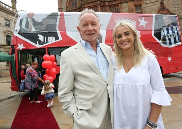 Phil Coulter and James McClean's wife Erin McClean at the Foyle Legends bus unveiling in Guildhall Square.