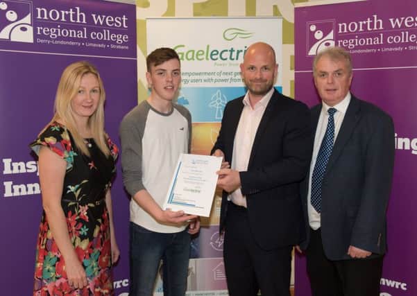 Sean Butcher who is studying for a BTec Level 3 Sub Diploma in Construction and the Built Environment at North West Regional College's Limavady campus receives his scholarship from Mr. Patrick McClughan, Head of Corporate Affairs at Gaelectric. Also pictured are: Catriona Hull St Mary's Limavady, and John Logue, Curriculum Manager for the Built Environment at North West Regional College.