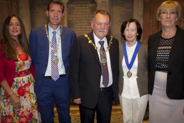 The new Mayor of Derry City and Strabane District Council, Councillor Maoliosa McHugh pictured at the Guildhall on Monday night. Included from left are Angela OÃ¢Â¬"Kane, Councillor John Boyle, Deputy Mayor, Mrs. Geraldine McHugh and outgoing Mayor, Alderman Hilary McClintock.