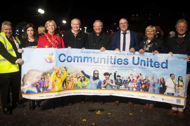 Group pictured at last years Communities United Halloween festivities in Derry. Included from left are Ollie Green, Artistic Director, GSCA, Louise Hughes, Communities United Co-Ordinator, Alderman Hilary McClintock, Mayor, Martin McGuinness, Deputy First Minister, Bishop Donal McKeown, Councillor Jim McKeever, Councillor Angela Dobbins and Rev. David Latimer.