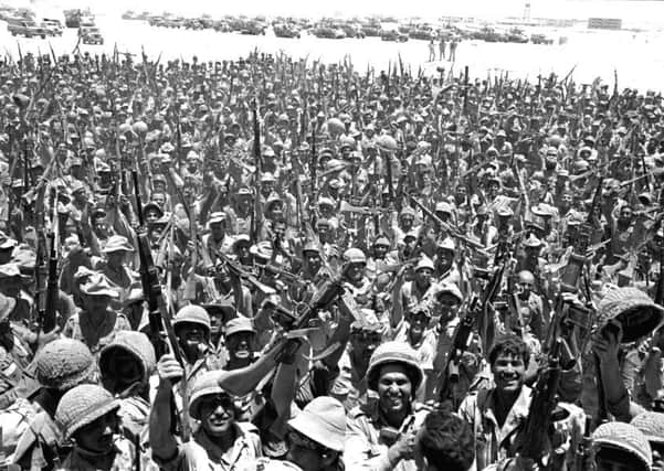 Israeli soldiers celebrate in the Sinai Peninsula during the Six Day War, in June 1967.