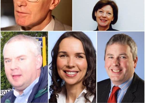 East Derry candidates clockwise from left to right: Gregory Campbell (DUP), Chris McCaw (Alliance), Liz St. Claire-Legge (Conservative) Richard Holmes (UUP), Stephanie Quigley (SDLP) and Dermot Nicholl (Sinn Fein)